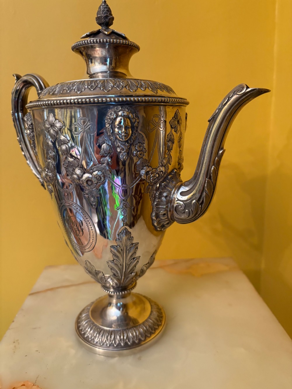 Antique Silver Plated Coffee Pot Ornate Repoussé Floral Decoration Monogrammed View IV