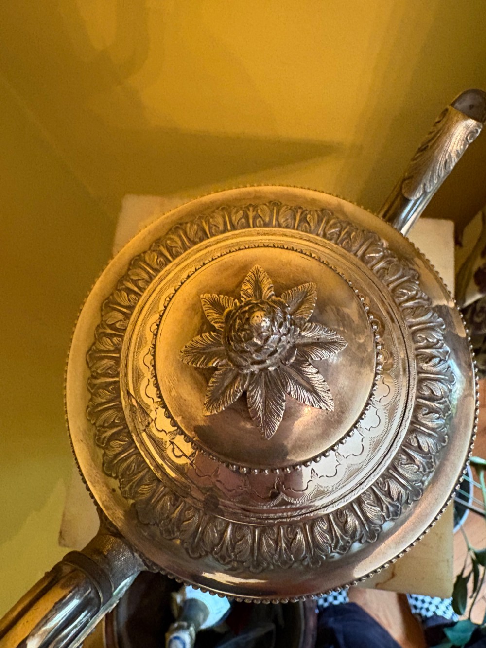 Antique Silver Plated Coffee Pot Ornate Repoussé Floral Decoration Monogrammed View V