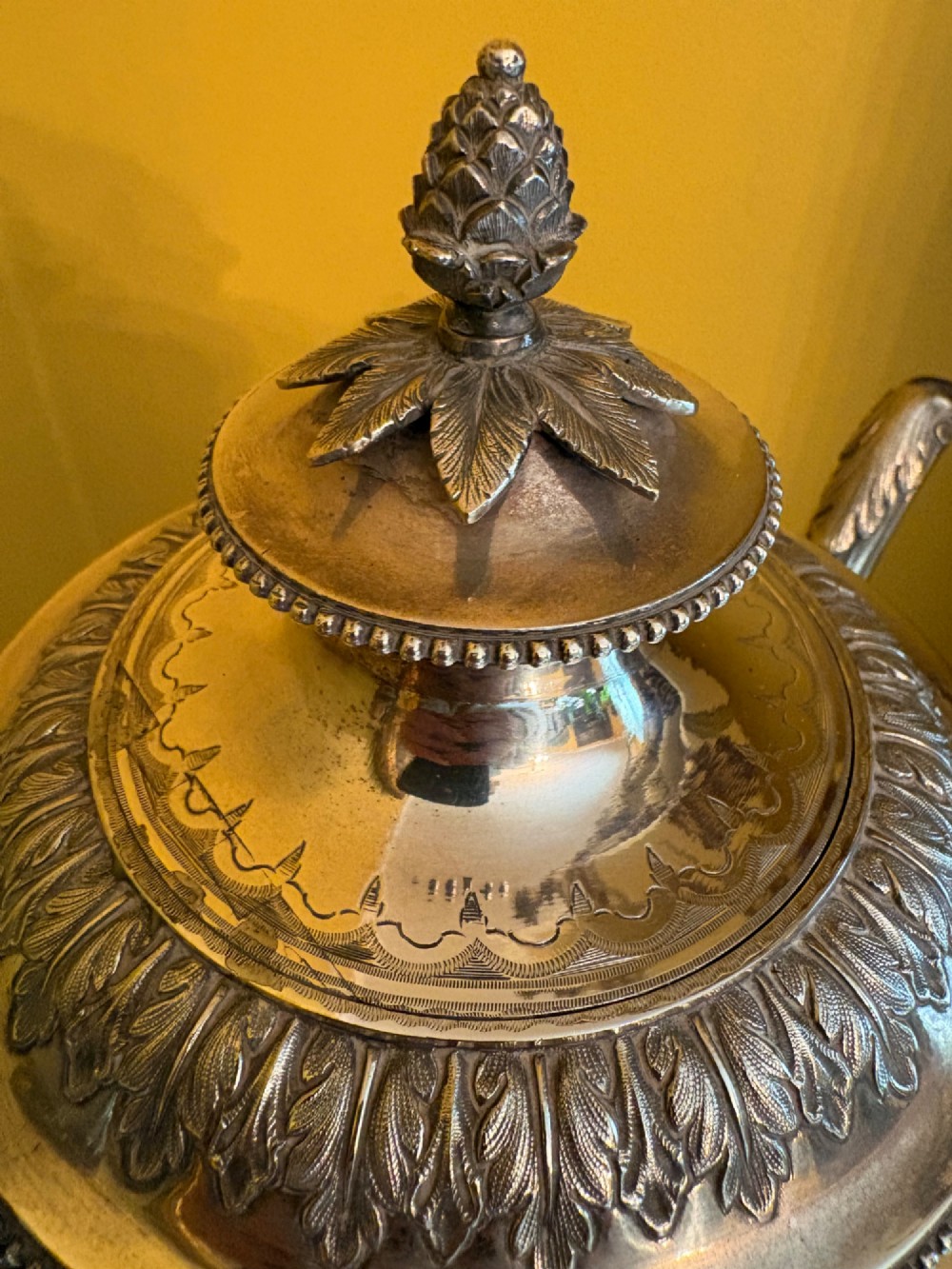 Antique Silver Plated Coffee Pot Ornate Repoussé Floral Decoration Monogrammed View VI