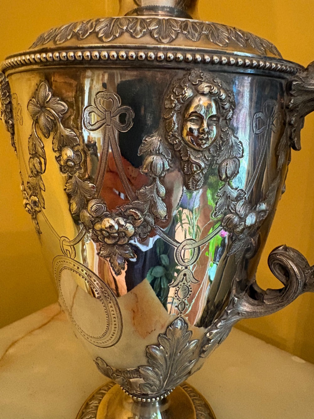 Antique Silver Plated Coffee Pot Ornate Repoussé Floral Decoration Monogrammed View VII
