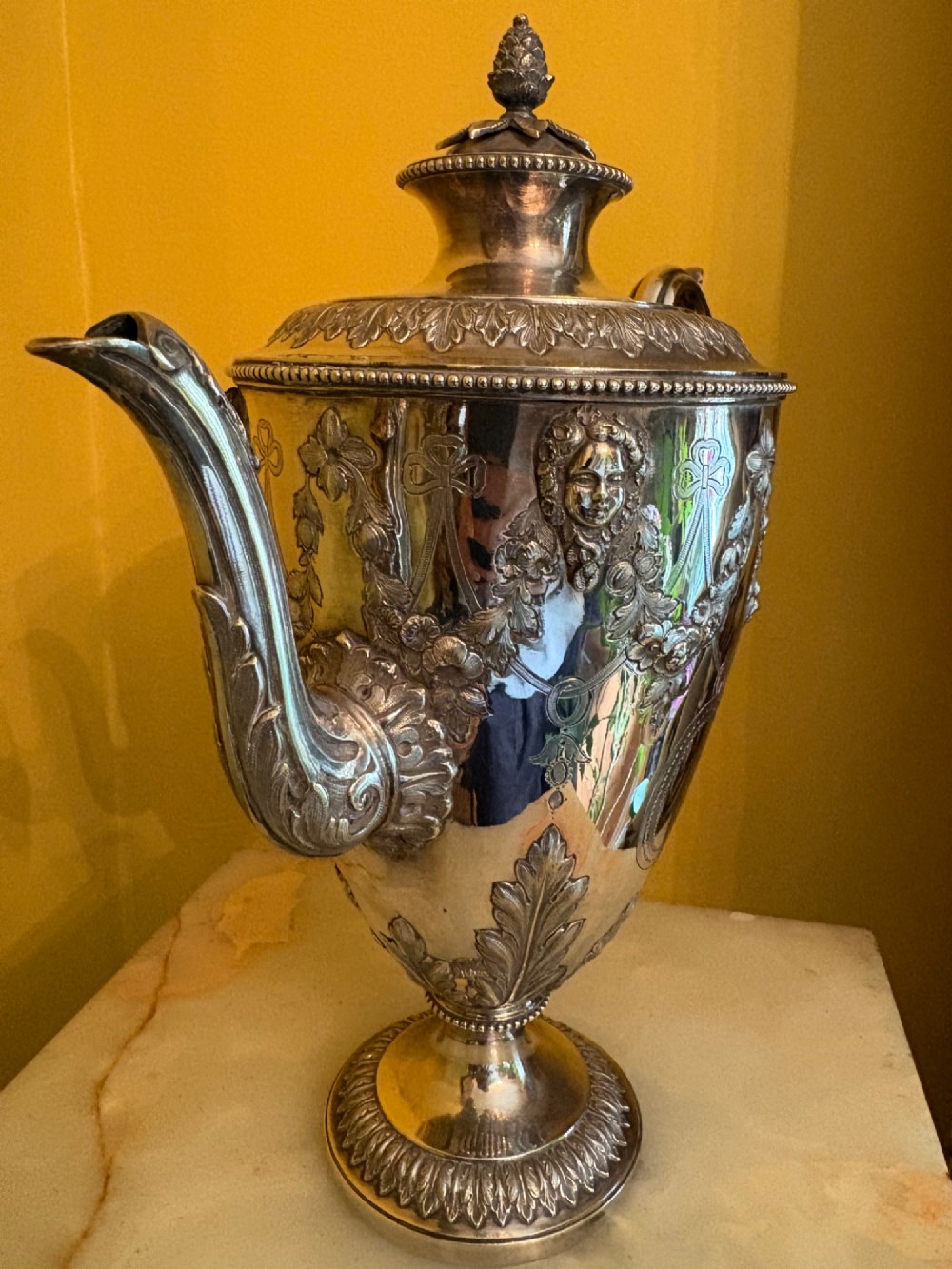 Antique Silver Plated Coffee Pot Ornate Repoussé Floral Decoration Monogrammed View VIII