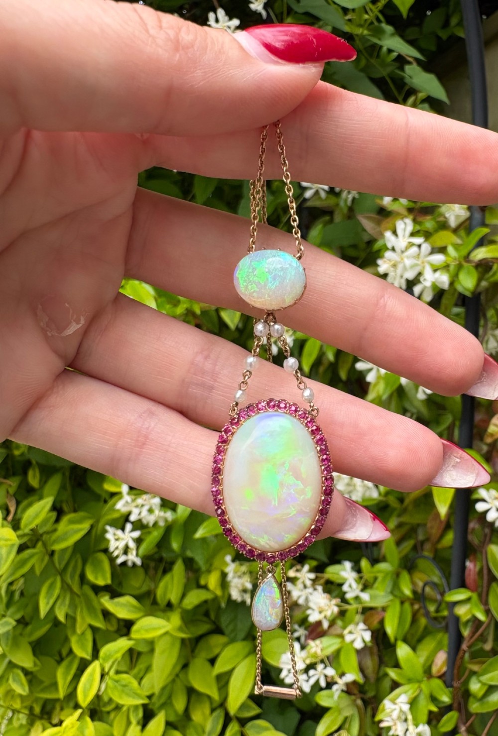 Antique Victorian 15ct Gold Opal Ruby & Seed Pearl Necklace Tested 15ct