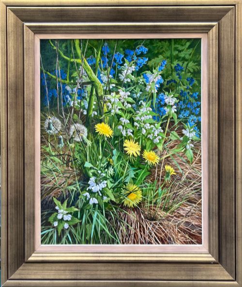 fig 1. An oil painting depicting a close-up study of British hedgerow flora featuring bluebells, yellow dandelions, and white nettle flowers amongst grass.