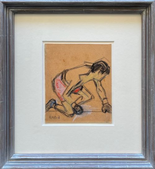 fig 1. A charcoal and pastel figure study on brown paper depicting a crouching wrestler or boxer in pink shorts.