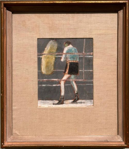 fig 1. A mid-century style painting depicting a boxer wearing a blue top and black shorts training with a light-coloured heavy bag inside a ring.