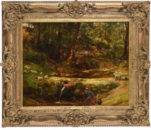 fig 1. A Victorian oil painting depicting a woodland stream, grazing sheep on grassy banks, and a seated figure near a natural spring.