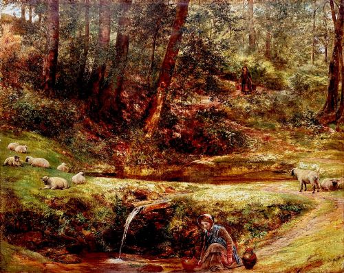 fig 3. A Victorian oil painting depicting a woodland stream, grazing sheep on grassy banks, and a seated figure near a natural spring.
