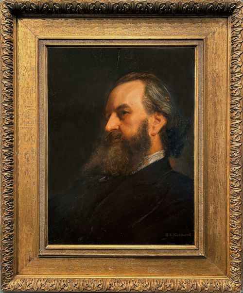fig 1. An oil portrait painting depicting a bearded gentleman in profile against a dark background, signed by William Blake Richmond.