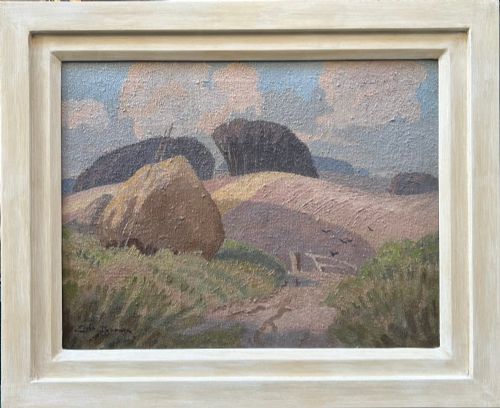 fig 1. A textured Post-Impressionist style oil painting depicting a countryside scene with haystacks, rolling hills, and trees under a clouded sky.