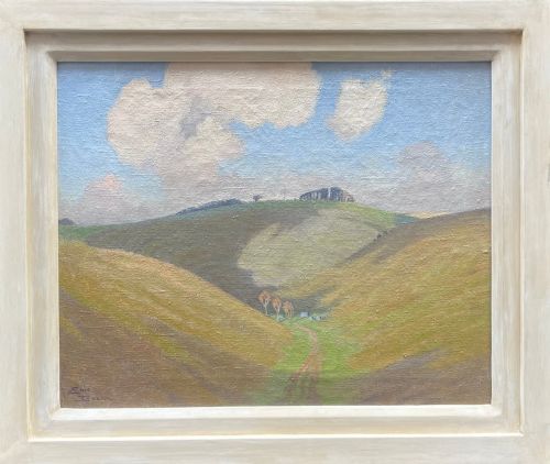 fig 1. An oil painting depicting a scenic valley with rolling hills in shades of ochre and olive green under a pale blue sky with cloud formations.