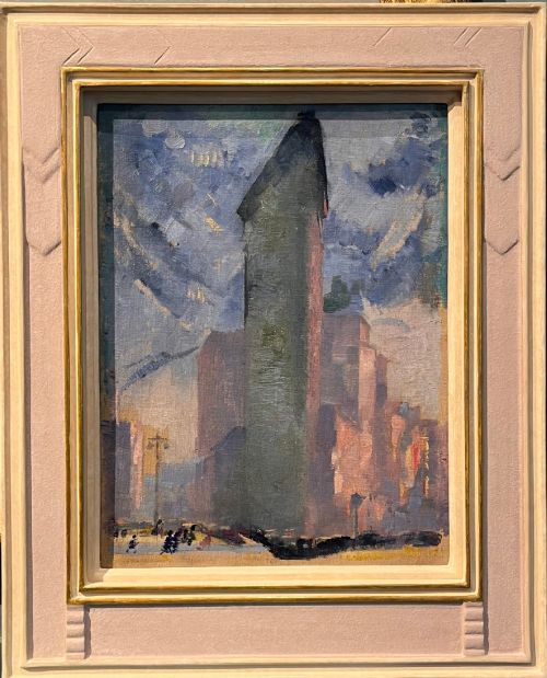 fig 1. A Post-Impressionist oil sketch depicting the triangular structure of the Flatiron Building against a swirling blue and grey sky.