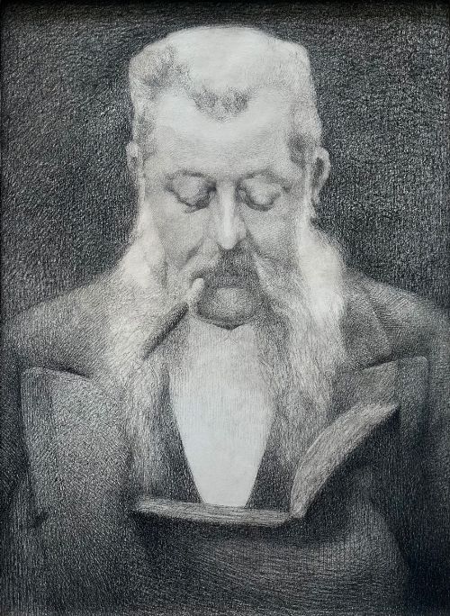 fig 1. A framed monochrome pencil drawing depicting a bearded gentleman holding a cigar and an open book, enclosed in a light-coloured wooden frame.