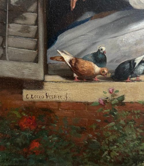 fig 3. An oil painting depicting a young woman in a white dress seated at an open window framed by green foliage and pigeons on the ledge.