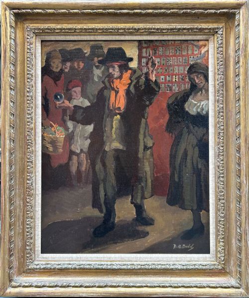 fig 1. An oil painting depicting figures gathered around a central fortune teller figure in a hat and orange scarf, rendered in dark brown and terracotta tones.