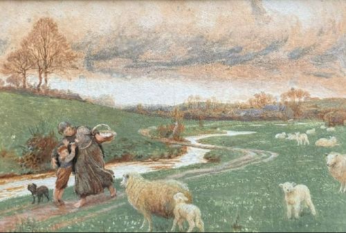 fig 1. A framed Victorian landscape painting depicting a rural scene with a woman, child, and sheep near a river, set within a heavily carved reeded dark frame.
