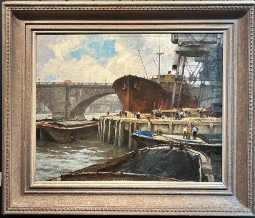 fig 1. An oil painting depicting cargo ships, barges, and dockworkers on the River Thames near London Bridge under a cloudy sky.