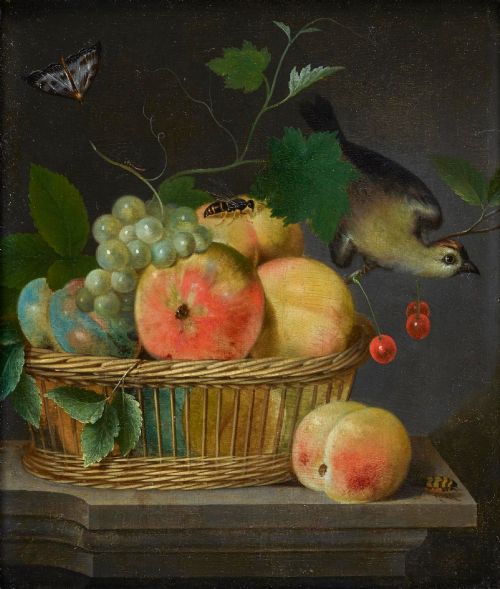 fig 1. A seventeenth-century style Flemish oil painting depicting a basket of peaches and grapes alongside a bird and butterfly, set within a wide ebonised wooden frame.