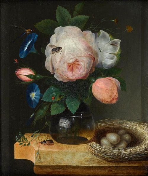 fig 1. A Flemish Baroque oil painting depicting pink roses and morning glories in a clear glass vase beside a bird nest containing eggs, set within an ebonised wooden frame.