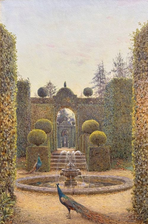 fig 1. A framed watercolour painting depicting a formal garden with manicured topiary, a central stone fountain, and peacocks, set within a wide gold mount and dark wood frame.