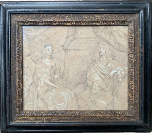 fig 1. A 17th-century style portrait drawing rendered in brown chalk and white heightening on toned paper depicting a seated noble couple.