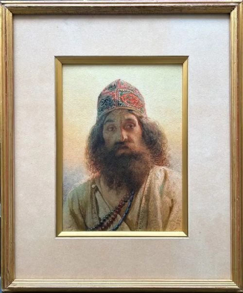 fig 1. A 19th-century watercolour portrait depicting a bearded man wearing an embroidered cap and beaded neckwear, signed Carl Haag 1881.