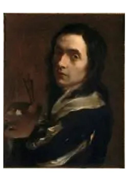 fig 2. An oil painting depicting a portrait of a young man with dark hair and a white collar, presented in a dark wooden frame with gilt interior trim.