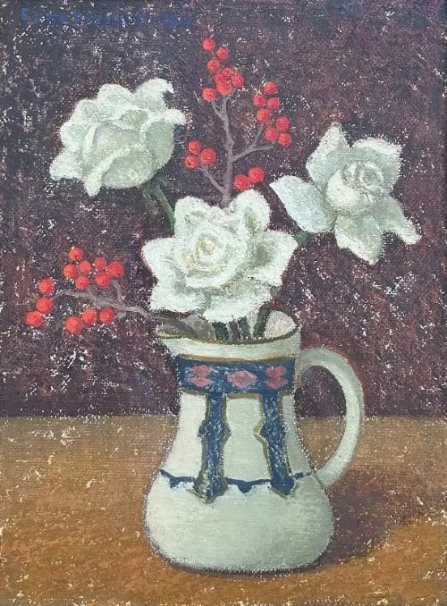 fig 1. A framed still life oil painting depicting three white roses and red berries in a patterned ceramic pitcher against a textured dark background.