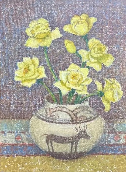 fig 1. A framed still life painting depicting yellow roses in a Hopi ceramic pot with a horned animal motif, framed in dark timber.