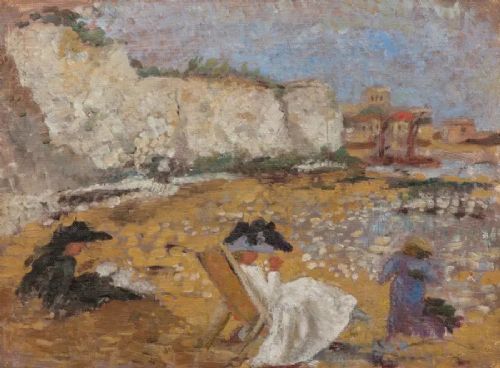 fig 1. A framed Post-Impressionist oil painting depicting three figures resting on a sandy shore beneath white chalk cliffs, presented in a painted off-white stepped frame.