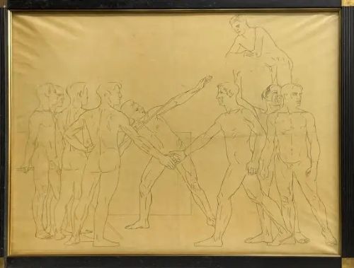 fig 1. A three-panel triptych drawing featuring athletic figures in fine line art against a gold background, framed in black with gold corner details.