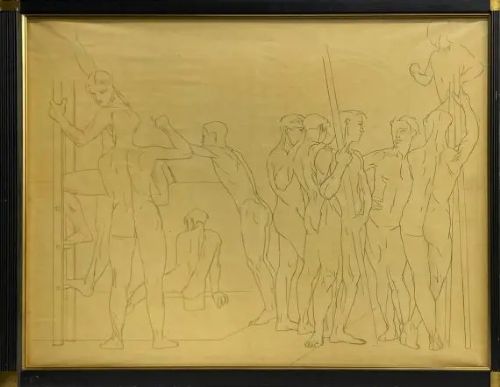 fig 2. A three-panel triptych drawing featuring athletic figures in fine line art against a gold background, framed in black with gold corner details.