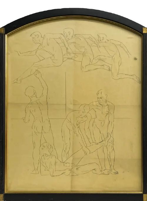 fig 3. A three-panel triptych drawing featuring athletic figures in fine line art against a gold background, framed in black with gold corner details.