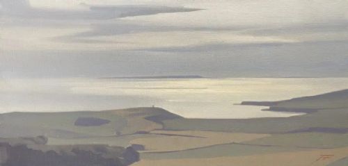 fig 1. A horizontal framed oil painting depicting Kimmeridge Bay with rolling muted green hills leading to a calm grey sea under an overcast sky.