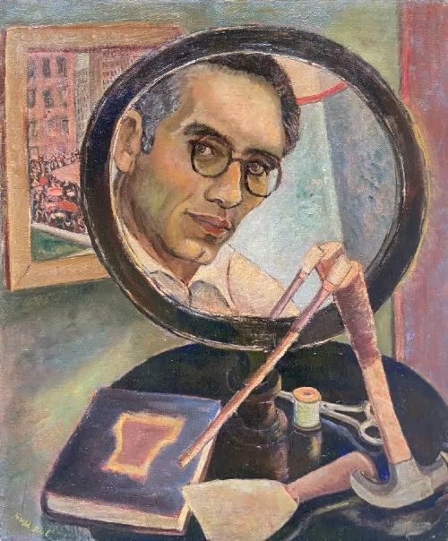 Joseph Biel Self Portrait in a Mirror with Artist’s Tools
