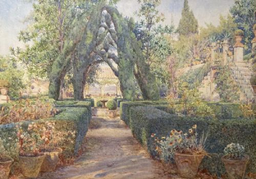 fig 1. A framed watercolour painting depicting formal terraced gardens with topiary arches and potted plants, set within a wide moulded gilded frame.