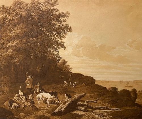 fig 1. A sepia-toned antique print depicting figures and hunting hounds in a rural landscape, set inside a grey-blue mount and a gilded wooden frame.