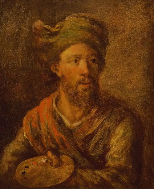fig 1. A 17th-century oil portrait depicting a bearded artist holding a palette, housed inside a dark ebonised and gilded wooden frame.