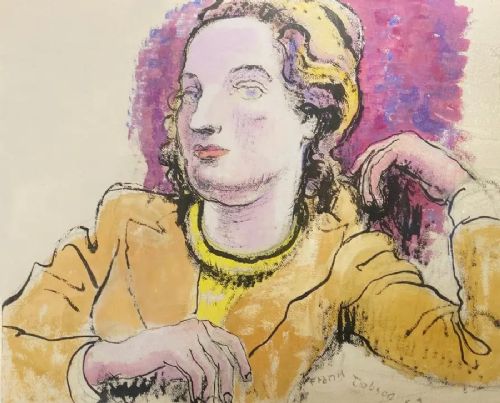 fig 1. A framed portrait drawing of a seated woman wearing a yellow garment against a purple background.