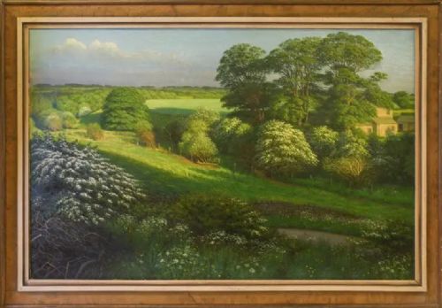 fig 1. An oil painting depicting a verdant English rural landscape with hawthorn blossoms and tall trees illuminated by late afternoon sunlight.
