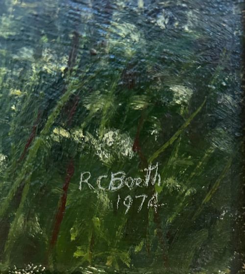 fig 2. An oil painting depicting a verdant English rural landscape with hawthorn blossoms and tall trees illuminated by late afternoon sunlight.
