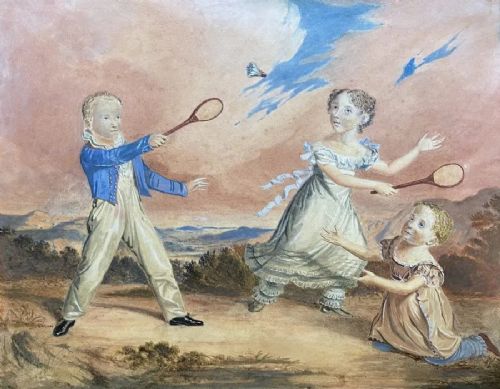 fig 1. A framed early 19th-century watercolour showing three children in Regency dress playing battledore and shuttlecock in an open landscape, set within a wide burr wood frame.