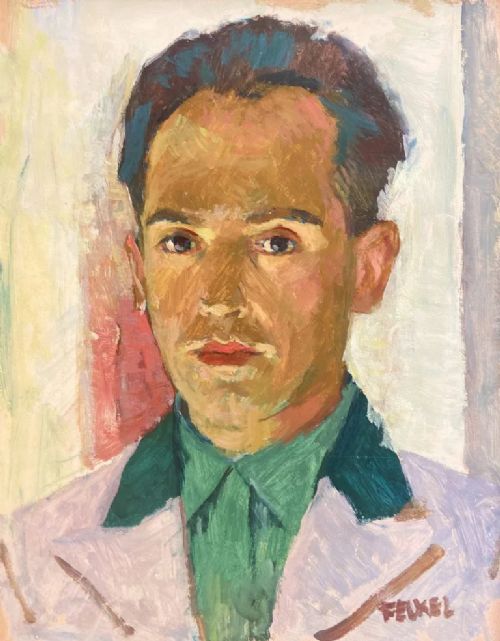 fig 1. A framed expressionist oil portrait painting depicting a man with dark hair wearing a green collar and light jacket, signed Felkel in the lower right.