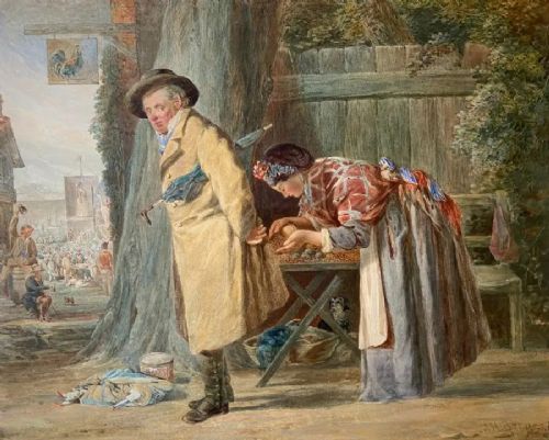 fig 1. A framed 19th-century watercolour depicting a man in an overcoat conversing with a female chestnut seller in a gilded frame with a double mount.