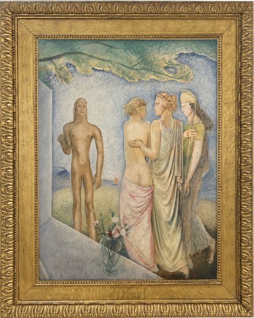 fig 1. An oil painting depicting four stylised figures from classical mythology rendered in soft pastel shades of light blue, pink, and cream.