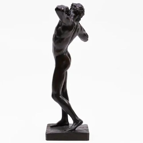 fig 1. A dark patinated bronze sculpture depicting a standing male nude figure stretching upwards with bent arms on a rectangular bronze base.