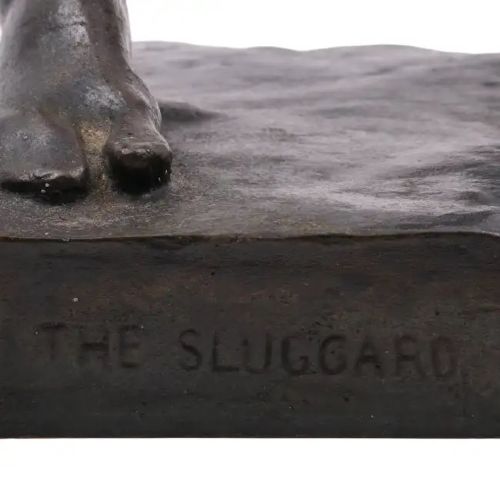 A dark patinated bronze sculpture depicting a standing male nude figure stretching upwards with bent arms on a rectangular bronze base. View IV