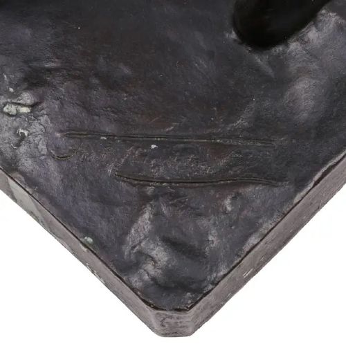 A dark patinated bronze sculpture depicting a standing male nude figure stretching upwards with bent arms on a rectangular bronze base. View V