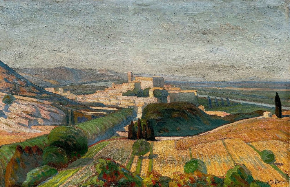 A Post-Impressionist oil painting on canvas depicting a hilltop village amidst ochre fields and green trees under a pale sky.