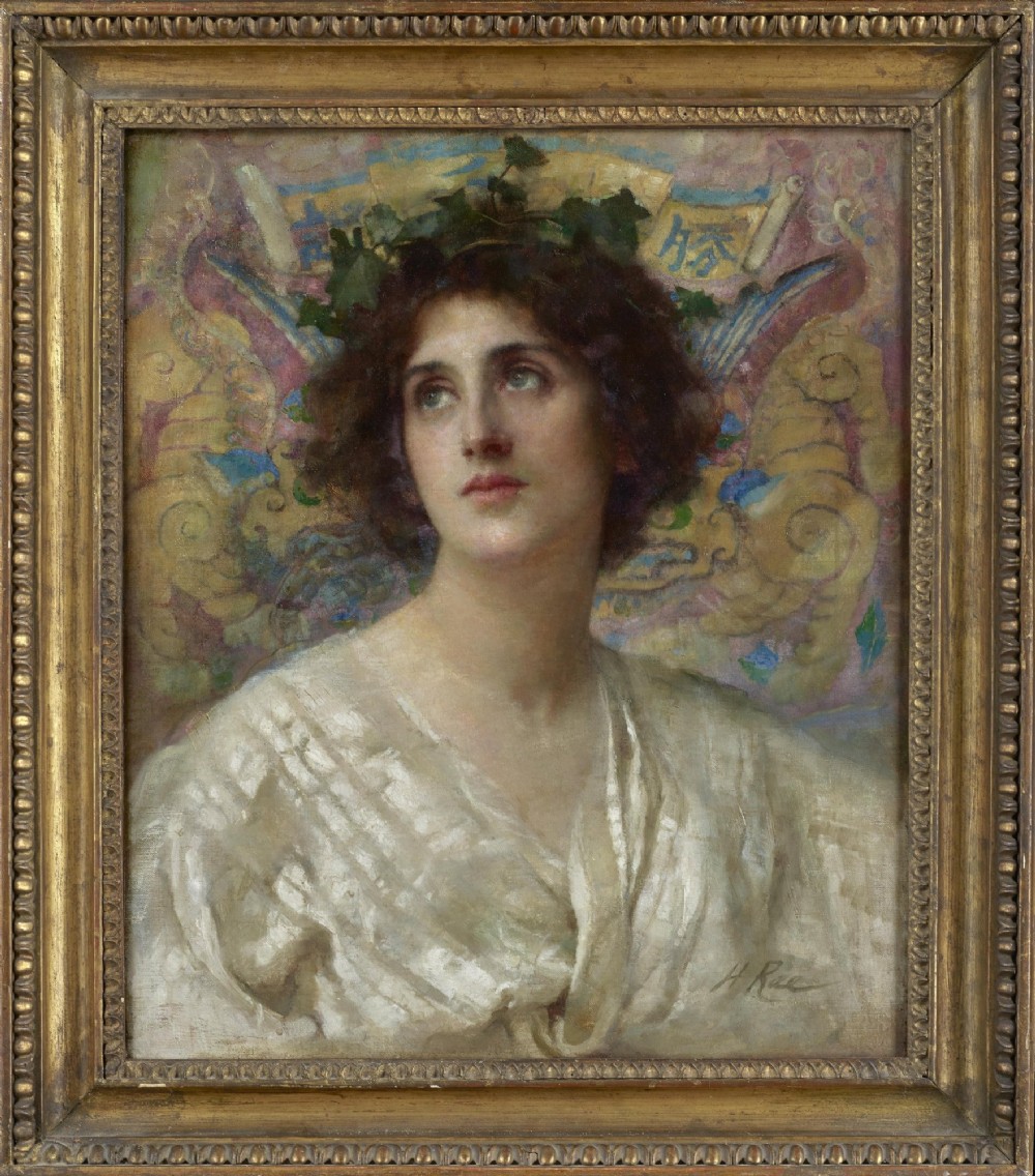 An oil painting depicting a female portrait in a white draped gown with an foliage wreath, enclosed within a gilded wooden frame.