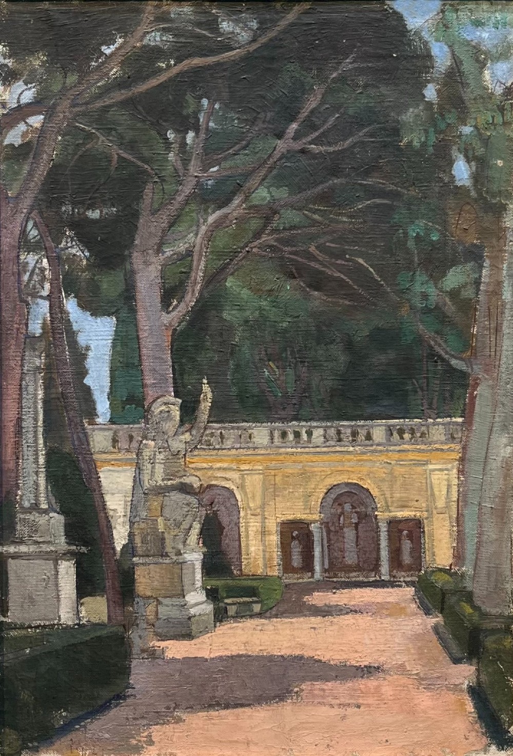 An oil painting depicting a path through the Medici Gardens in Rome, featuring classical stone statues, an arched wall structure, and tall pine trees.